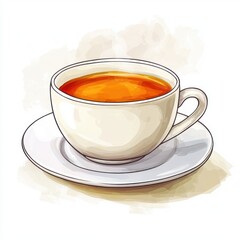 A Warm Cup of Freshly Brewed Tea on a White Saucer Captured in a Beautifully Illustrated Style Perfect for Cozy Moments and Relaxation