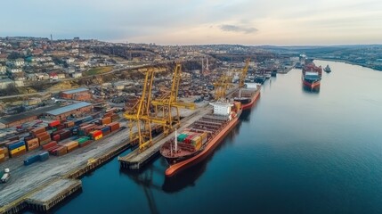 Obraz premium Container Ships Docked at a Busy Harbor City