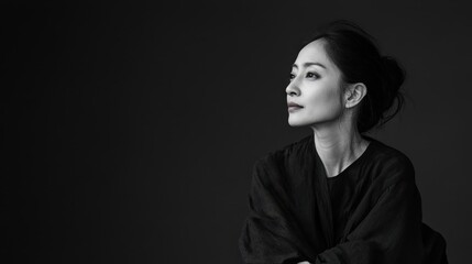 Black and white portrait of an asian woman posing candidly in a stylish setting