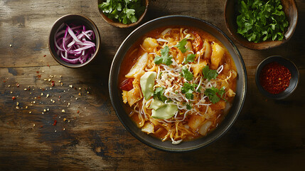 Authentic Thai Khao Soi Dish Served with Fresh Herbs and Vegetables on Rustic Wooden Table