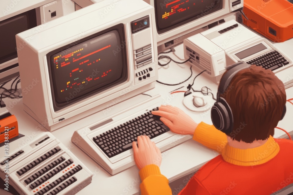 Poster A 8-bit pixel art of a retro computer center with pixelated CRT monitors, keyboards, and characters typing on terminals