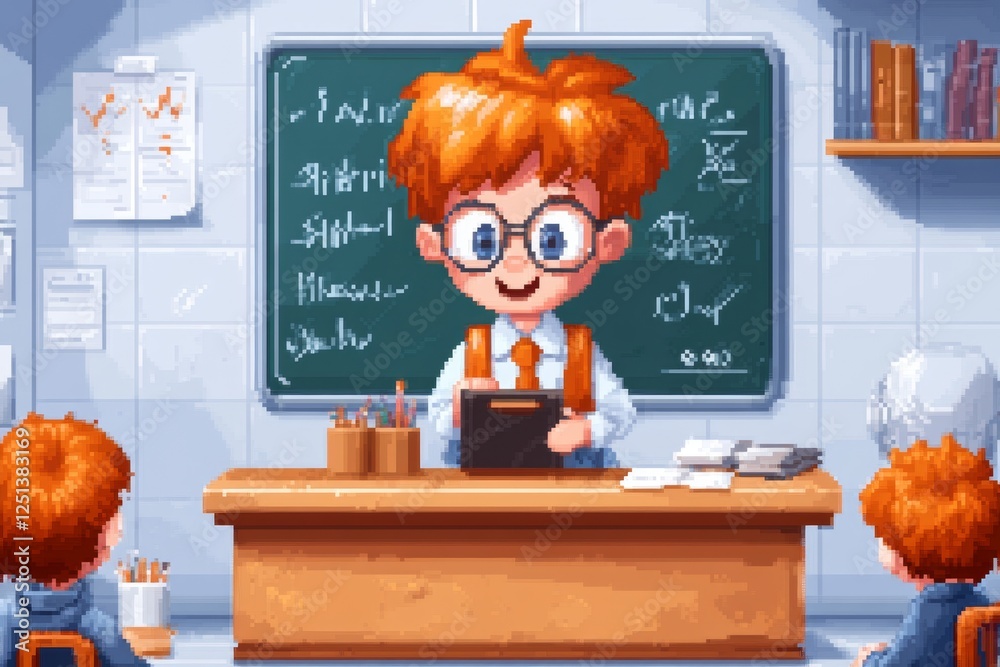 Poster A 8-bit pixel art of a school teacher marking attendance on a pixelated blackboard with students sitting in rows