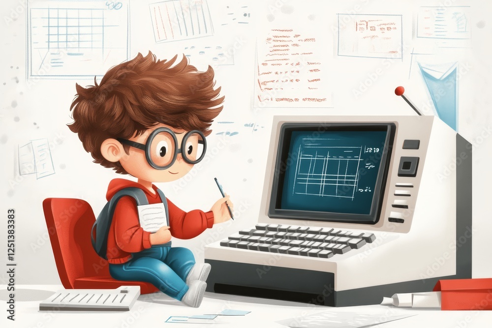 Aufkleber A 8-bit pixel art of a student sitting at a desk, taking a placement test on a retro-style computer