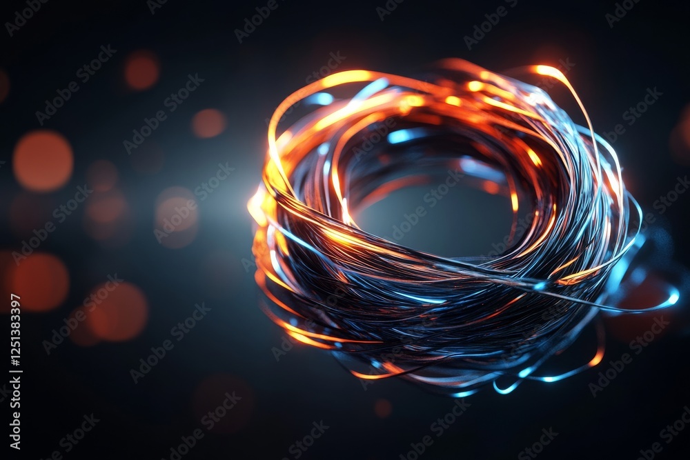 Poster colorful strands of wire swirl creating an abstract form on a dark background with glowing elements