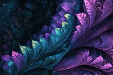 Glowing lavender and teal lights forming intricate fractal patterns on a dark canvas. Digital symmetry

