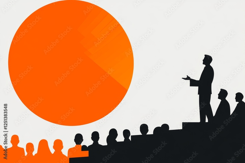 Poster A 8-bit pixel art of a tiny character standing on a stage, giving a speech to a pixelated audience