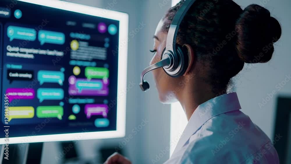 Poster customer service professional wearing headset while working at computer, navigating online chat supp