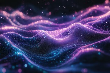 Glowing lavender and teal lights forming intricate fractal patterns on a dark canvas. Digital symmetry

