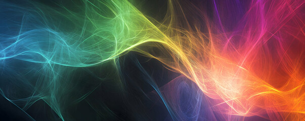 Colorful abstract waves of light flowing across a dark background