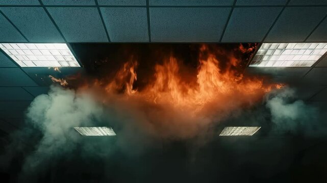 Flames and smoke are filling the room after fire has broken through ceiling tiles in an office building, creating a dangerous and destructive scene