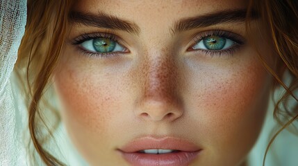 Fototapeta premium A stunning close-up portrait of a woman showcasing flawless skin and striking eyes, radiating beauty and confidence. Ideal for beauty and fashion concepts.