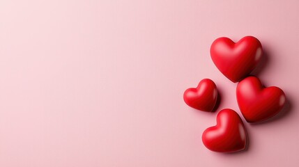 Four shiny red hearts sit on a soft pink background