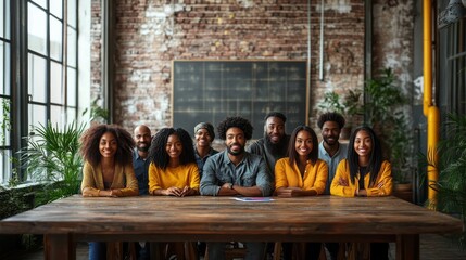 Diverse team smiling, loft office, brick wall, meeting
