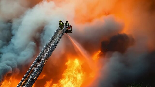 Brave firefighters are battling a raging industrial fire, using an elevated platform to reach the heart of the blaze amidst intense flames and thick smoke
