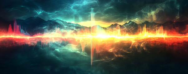 Naklejka premium Vibrant abstract landscape with soundwave patterns and dramatic sky colors