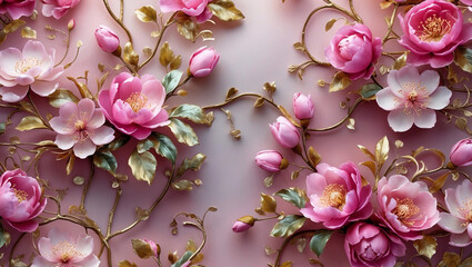 A wallpaper design, intricate floral pattern, various shades of pink. Delicate rose, sakura and peonies intertwine with swirling vines and leaves, soft gradient background. Flowers luxurious pattern