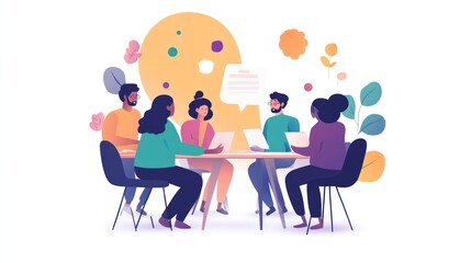 Diverse team meeting, brainstorming session, office setting,  positive communication