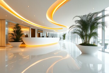 A corporate building main hall with a modern reception desk and sleek architecture