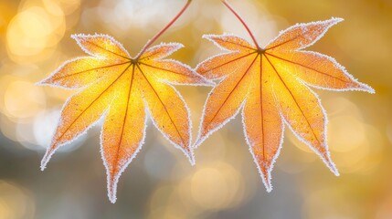 Frost-Covered Autumn Maple Leaves in Nature Colorful Fall Scene Outdoor Photography Serene Environment Close-Up View