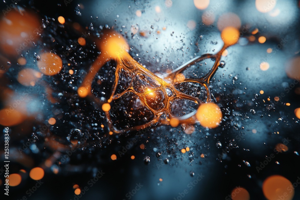 Poster dynamic representation of a molecular structure illuminated by shimmering particles in a dark backgr