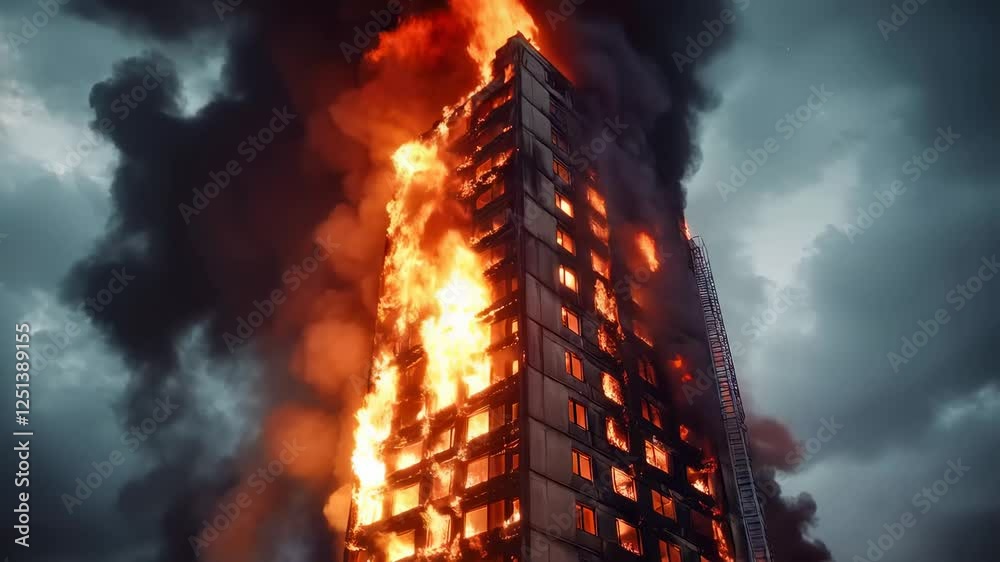 Poster Huge fire burning a skyscraper, generating a large column of smoke and causing significant damage, representing the devastating power of fire and the vulnerability of urban environments
