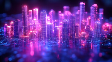 Fototapeta premium Neon Cityscape, Glowing, Digital, Night, Reflection, Futuristic, Abstract, Background, Technology, Metaverse
