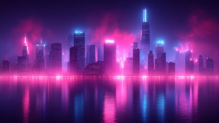 Neon Cityscape, Night, Reflection, Smoke, Cyberpunk