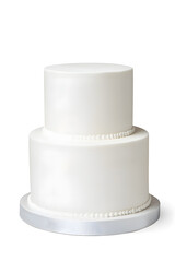 White two tier wedding cake with no decorations mock up isolated on white background