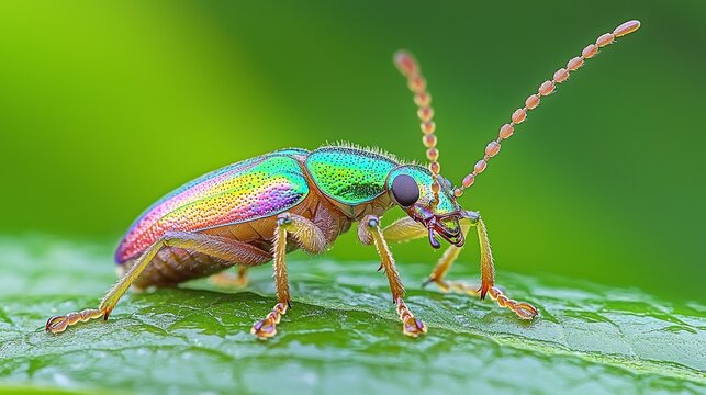 Vibrant Rainbow Jewel Beetle on Green Leaf Macro Photography Nature Scene Close-Up Colorful Insect Macro View