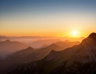 Golden Hour Mountain Vista: Majestic mountain range silhouetted against a breathtaking sunset, layers of misty peaks bathed in warm golden light, creating a serene and awe-inspiring landscape. 