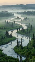 Misty River Valley, Sunrise, Aerial View, Nature Photography, Landscape