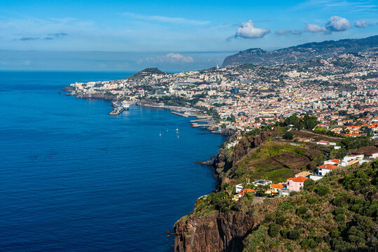 Scenic panoramic view from Miradouro do Pinaculo on a summer morning, Funchal, Madeira island, Portugal.