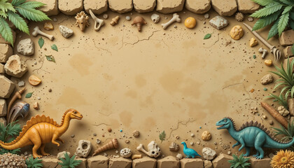 A creative prehistoric dinosaur-themed border illustration featuring an archaeological dig site with fossilized bones, ancient relics, and playful dinosaurs in a desert landscape