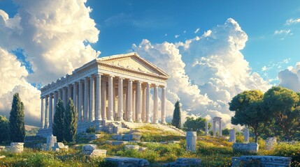 Ancient Greek Temple Amidst Lush Springtime Surroundings
