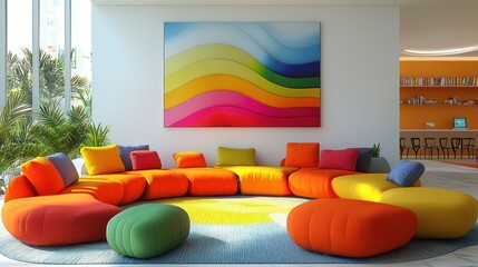 Colorful modular sofa in modern lobby with abstract art