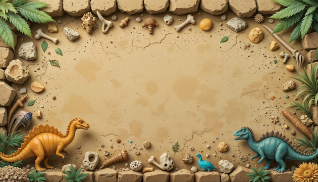 Fototapeta A creative prehistoric dinosaur-themed border illustration featuring an archaeological dig site with fossilized bones, ancient relics, and playful dinosaurs in a desert landscape