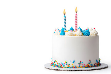 White round birthday cake with colorful candles isolated on white background
