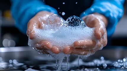 Fototapeta premium Hands holding soap foam with water drops falling in dramatic lighting. Clean washing concept with blue tones and dark background showing personal hygiene routine.