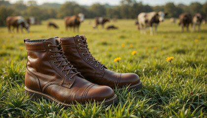 Brown leather boots resting on a lush green field with cows grazing in the background, creating a rustic and countryside aesthetic