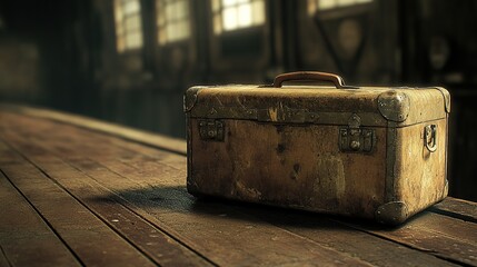 Vintage suitcase sits on weathered wood in abandoned factory