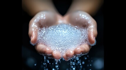 Fototapeta premium Cupped hands holding sparkling clear water with droplets falling against dark background, symbolizing purity, wellness and environmental conservation.