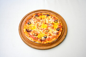 Traditional Turkish cuisine. Pizza, pita, pidesi, sucuk, hummus, kebab. Many dishes on the table. Serving dishes in restaurant. Mix, formaggi, veggie pizza. Top view, flat lay