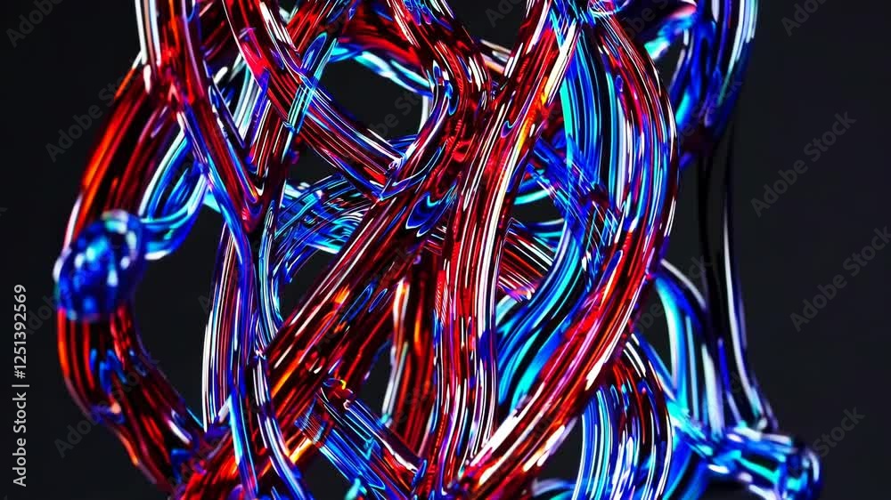 Poster an abstract composition of fluid, glass-like structures in blue and red tones.