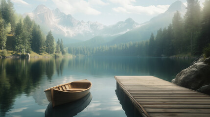 A picturesque lake scene featuring a small wooden boat nestled by a structured dock, surrounded by majestic mountains and lush green forests, symbolizing nature's tranquility and beauty.