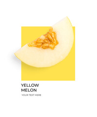 Creative layout made of yellow melon on the yellow and white background. Flat lay. Food concept. Lemon on white background.