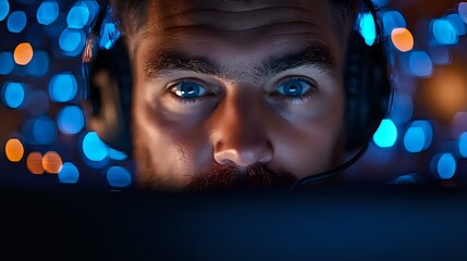 Young male gamer with intense blue eyes wearing headphones, illuminated by screen glow against dark background with bokeh lights, focused on competitive gaming.