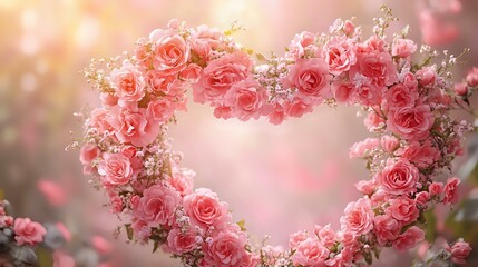 Fototapeta premium Pink roses and baby's breath arranged in heart shape with soft bokeh background creates romantic wedding or Valentine's Day atmosphere. Floral design for celebrations.