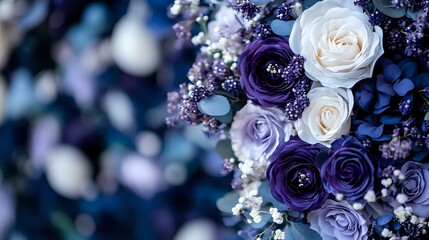 Romantic floral arrangement featuring deep purple and white roses with delicate baby's breath against dark blue background, creating dramatic contrast and mood.