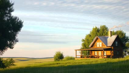 Obraz premium Small Wooden Log Cabin in Grassy Field Surrounded by Trees – Tranquil Rural Landscape in Nature