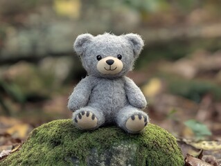 Small gray teddy bear sitting on a mossy rock in a peaceful woodland glade